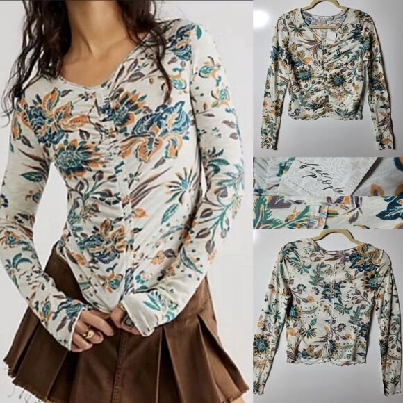 NEW L FREE PEOPLE TAN TEAL GREEN FLORAL LETTUCE LONG SLEEVE TOP LARGE NWT - Picture 1 of 7